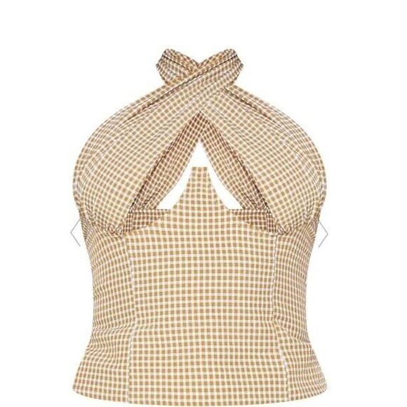 Pretty Little Thing Brown + Tan Gingham Print Crossover Tank Top - Size 4 - Picture 1 of 9